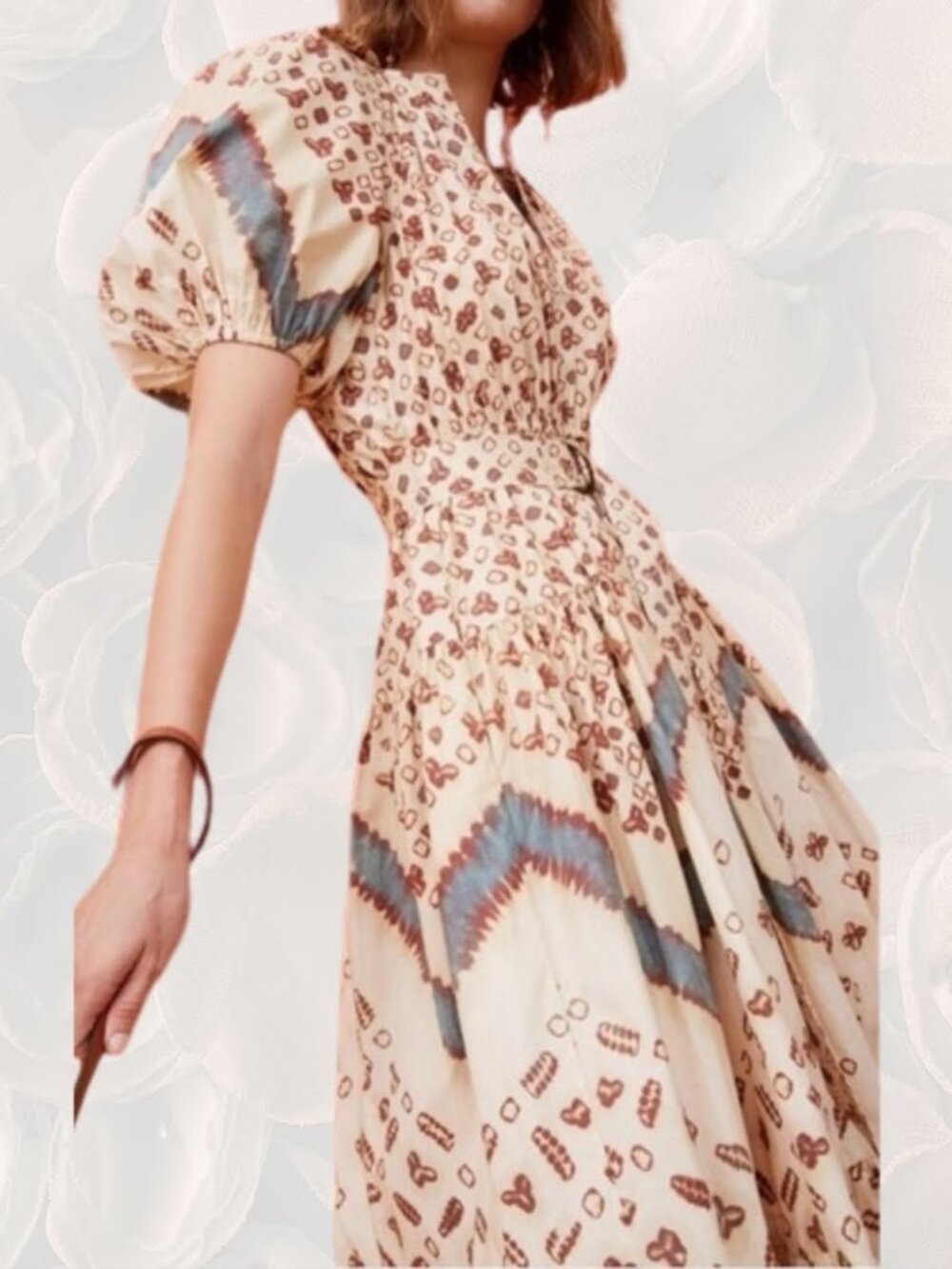 Ulla Johnson Josefina Shibori Mixed Print Puff Sleeve Midi Dress Opal Size 0
